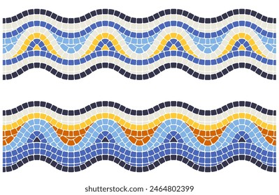 Adorno de mosaico ondulado, borde sin costuras con patrón en estilo portugués, teselación de ondas, Vector