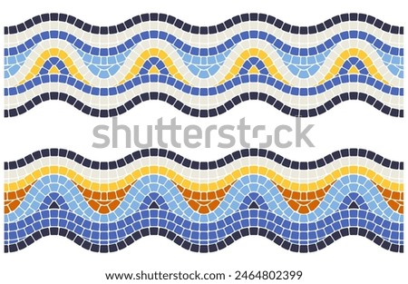 Wavy mosaic ornament, seamless border with pattern in portuguese style, waves tessellation, vector