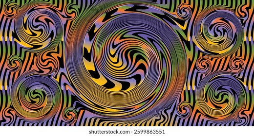Wavy multi color pattern, fluid ripple rainbow stripes vector illustration.