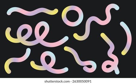 Wavy multicolored gradient lines. Minimalistic vector swirls, bends, loops in yellow, purple, pink, and blue. Organic, flowing abstract shapes