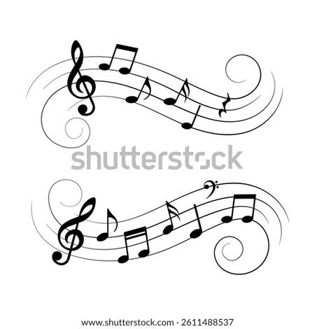 Wavy music notes set, isolated vector illustration.
