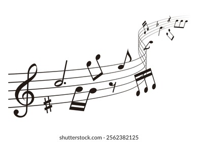 Wavy music sheet: background vector illustration of musical notes lined up on staff notation