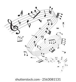 Wavy music sheet: background vector illustration of musical notes lined up on staff notation