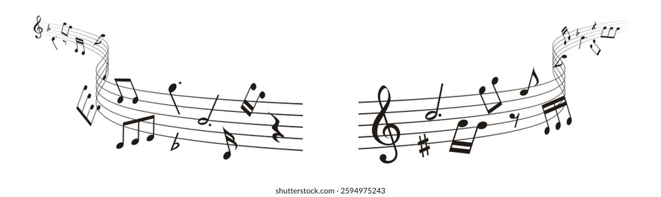 Wavy music sheet: background vector illustration of musical notes lined up on staff notation