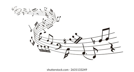 Wavy music sheet: background vector illustration of musical notes lined up on staff notation