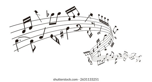Wavy music sheet: background vector illustration of musical notes lined up on staff notation