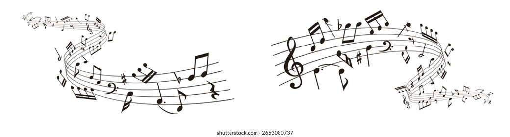 Wavy music sheet: background vector illustration of musical notes lined up on staff notation