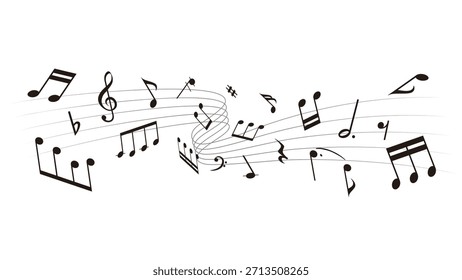 Hoja de música ondulada: Ilustración vectorial de fondo de notas musicales alineadas en la notación del pentagrama