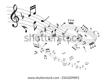 Wavy music sheet: background vector illustration of musical notes lined up on staff notation
