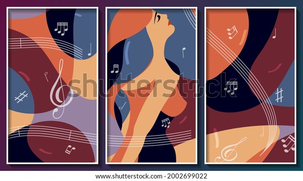 wavy music staves, treble clefs, sharps, notes against the background of multi-colored polygons, forming an abstract female portrait. three images in white frames. vector 