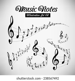 Wavy music staves. Vector set on light grey background