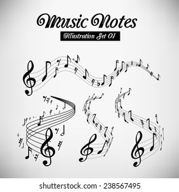Wavy music staves. Vector set on light grey background
