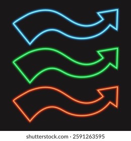 Wavy neon arrows, glowing direction signs, vector illustration.