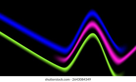 Wavy neon lines in green pink and blue glow against black background forming a dynamic abstract energy and motion design theme