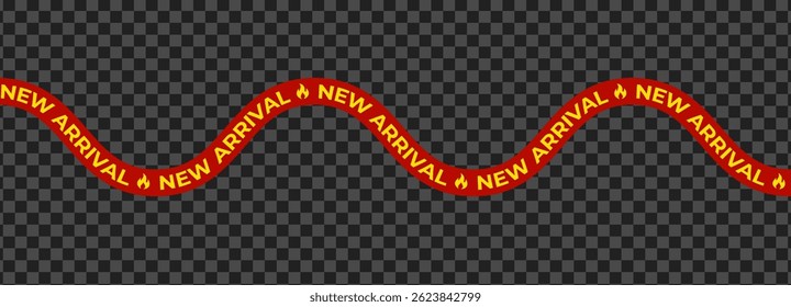 Wavy new arrival tape with fire flame icons in bold red yellow style. Dynamic hot sale banner for product promotions, web ads, shop signage. Vector illustration.