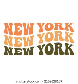 Wavy New York, NY, USA Lettering Design. Retro Waves Illustration Vectordesign. Hippie Clip Art Stack Text Boho.