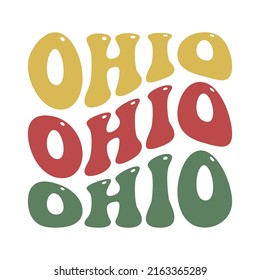 Wavy Ohio, USA Lettering Design. Retro Waves Illustration Vector Design. Hippie Clip art Stacked Text Boho.