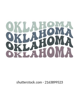 Wavy Oklahoma, USA Lettering Design. Retro Waves Illustration Vector Design. Hippie Clip art Stacked Text Boho.