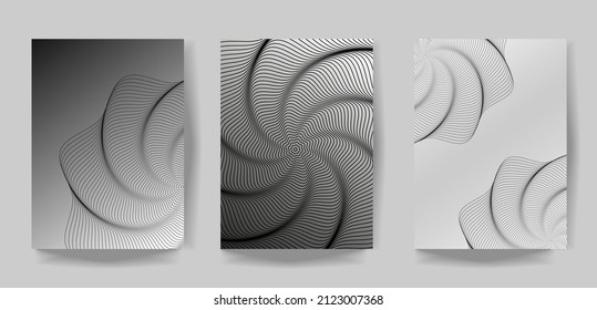 Wavy Op art illustration set. In black and white colors. Vector modern elegant abstract template for brochure, leaflet, flyer, book, poster, presentation, social media, wedding and more.