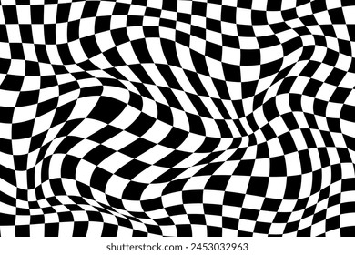 Wavy optical illusion checker pattern background, trippy checkerboard. Racing checkered flag pattern, motocross competition finish signal or rally championship victory vector wavy background