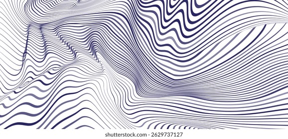 Wavy optical line art background in dark blue and white. Abstract wavy optical illusion lines create 3D depth effect. Wave stripes vector illustration.