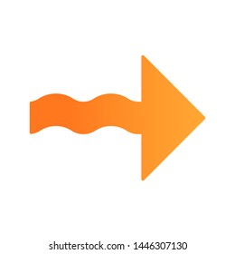 Wavy orange arrow flat design long shadow color icon. Direction pointer sign. Indicating arrowhead. Spiral line. Pointing cursor, indicator. Motion, next. Movement sign. Vector silhouette illustration