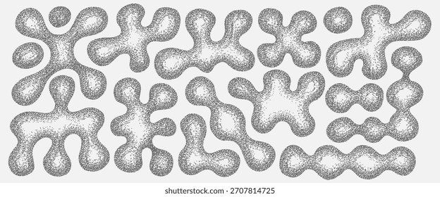 Wavy organic connection figures with grain noise gradient texture. Y2k retro stippling metaball molecule forms set. Nano biology icons on transparent background. Vector gritty gradation shapes design.