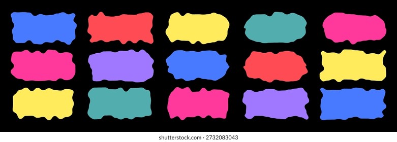 Wavy organic rectangle bright colorful abstract shapes on black background with curvy hand-drawn edges. Playful frames and text boxes for banners, posters, stickers, modern design, vector illustration