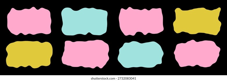 Wavy organic rectangle shapes in pastel colors on black background, abstract doodle frames and curvy forms, playful blobs and zigzags, simple geometric design, vector illustration