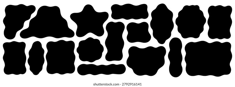 Wavy Organic Rectangle Text Box Set. Square Zigzag Frame Vector Silhouette. Curvy Hexagon, Star, Oval and Triangle Shapes for Label, Badge. Smooth Blot Asymmetric Sticker for Modern Promo Design.