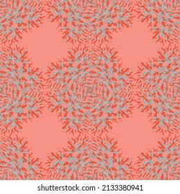 Wavy ornate seamless pattern with ornamental abstract form of trendy calming corals in repeated rhythm on coral color background.
