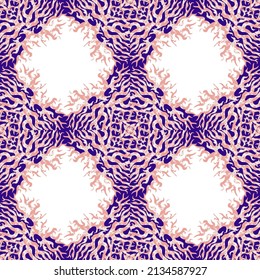 Wavy ornate seamless pattern with ornamental abstract form of trendy velvet violet in repeated rhythm on white background.