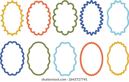 Wavy oval frames. Decorative curvy line borders, smooth zigzag scalloped frame shapes with wave edge. Retro squiggly card borders for scrapbooking, invitations or badge designs isolated vector set.