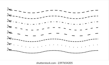 Líneas de corte onduladas de papel. Ilustración vectorial. Varias rayas discontinuas simples sobre fondo blanco