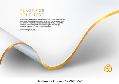 Wavy paper with golden edge and shadows on white background - vector illustration