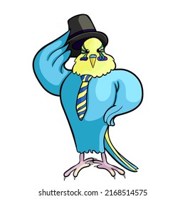 Wavy parrot fashionable man in a hat and tie. vector illustration