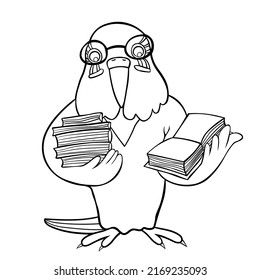 Wavy parrot man smart in glasses with books. vector illustration