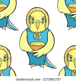 Wavy parrot old grandmother in a kerchief with a plate of food. vector illustration