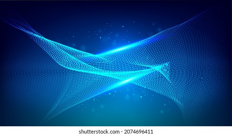 Wavy particle surface. Dynamic particles sound wave. Wave shaped array of glowing dots. Big data. Futuristic science infographic. Sound visualization. Abstract technology background.
