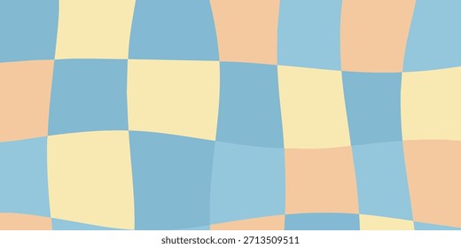 Fundo de padrão de tabuleiro de xadrez pastel ondulado com grade distorcida em azul suave, amarelo e tons alaranjados para desenhos modernos e estética suave
