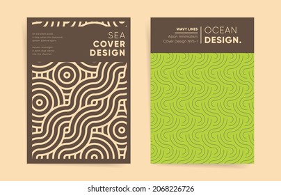 Wavy pattern asian minimalism design template set. Abstract vector japanese wavy lines. Cover template for poster, brochure, flyer, banner, background. Vintage geometric brown green sea ocean.