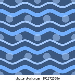 Wavy pattern with bubbles, turquoise blue. Beautiful seamless illustration for textiles, surfaces, packaging design.