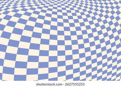 Wavy pattern with checkerboard background and trippy checker texture. Chessboard warp with abstract black and white grid design. Retro swirl with distorted checkered backdrop and curved illustration