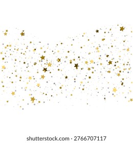 Wavy pattern of gold and silver star confetti on a white background. Festive sparkling glitter texture. Copy space for text