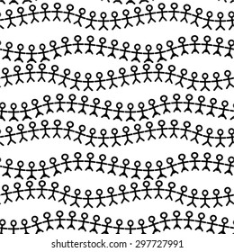 Wavy pattern of little stick figure men, seamless vector background.