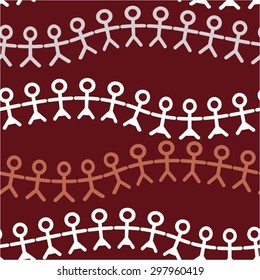 Wavy pattern of little stick figure people, white, maroon seamless vector background.