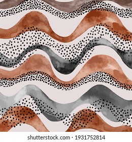Wavy pattern in natural geo style. Abstract wavy stripes with doodle, polka dot, watercolor texture in earth tone colors. Trendy art. Safari inspired hand painted organic shapes illustration