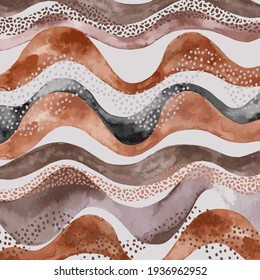 Wavy pattern in natural geo style. Abstract wavy stripes with doodle, polka dot, watercolor texture in earth tone colors. Trendy art. Safari inspired hand painted organic shapes illustration