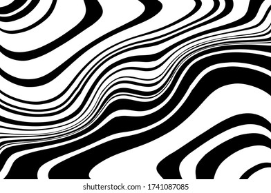 Wavy pattern.  Optical art background. Wave design black and white. Digital image with a psychedelic stripes. Vector illustration  