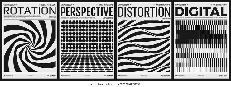 Wellenförmiges Muster. Optische Kunst. Rotation. Schwarz-weiß gestreiftes Muster. Ein Bild von vielen rechteckigen flachen Formen und Linien von unterschiedlicher Dicke. Cover-Entwurfsvorlage. Vektorgrafik.